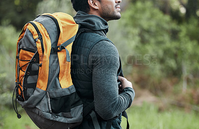 Buy stock photo Man, backpack and closeup with view, thinking and camping travel in the forest for holiday. Exercise, trekking workout and hiking in the woods for vacation with freedom in nature on a journey