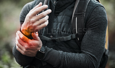 Buy stock photo Wrist, pain and hands of man in sports, outdoor and hiking with a medical accident, crisis or problem with anatomy in red glow. Training, injury and athlete or trauma to muscle, joint or hand