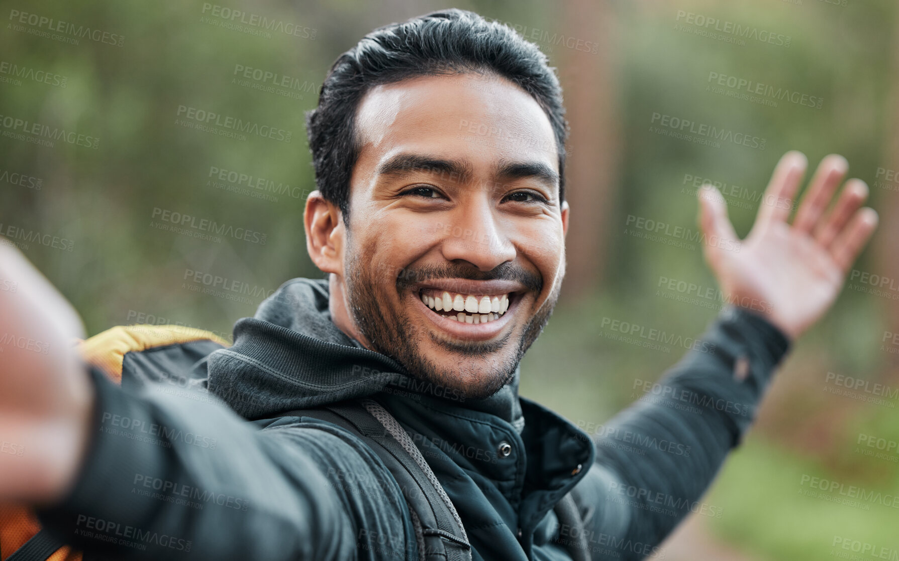 Buy stock photo Hiking man, selfie and smile outdoor with pride, show environment and adventure in forest for wellness. Guy, photography and memory with profile picture, live streaming or post on social network