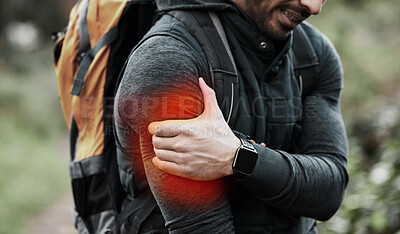 Buy stock photo Closeup, outdoor and man with shoulder pain, fitness and inflammation with exercise, hiking or wellness. Person, hiker or athlete holding arm, bruise or muscle tension with nature, workout or injury