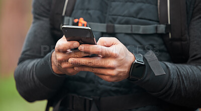 Buy stock photo Closeup, man and runner with a cellphone, typing and connection with tracking progress, network or contact. Person, runner or hands with digital app, smartphone or break with fitness and social media