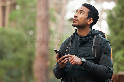 Buy stock photo Phone, connection and man hiking in nature for journey, trekking and exercise in woods. Fitness, travel and person on smartphone with no signal for GPS, online location and digital map on adventure