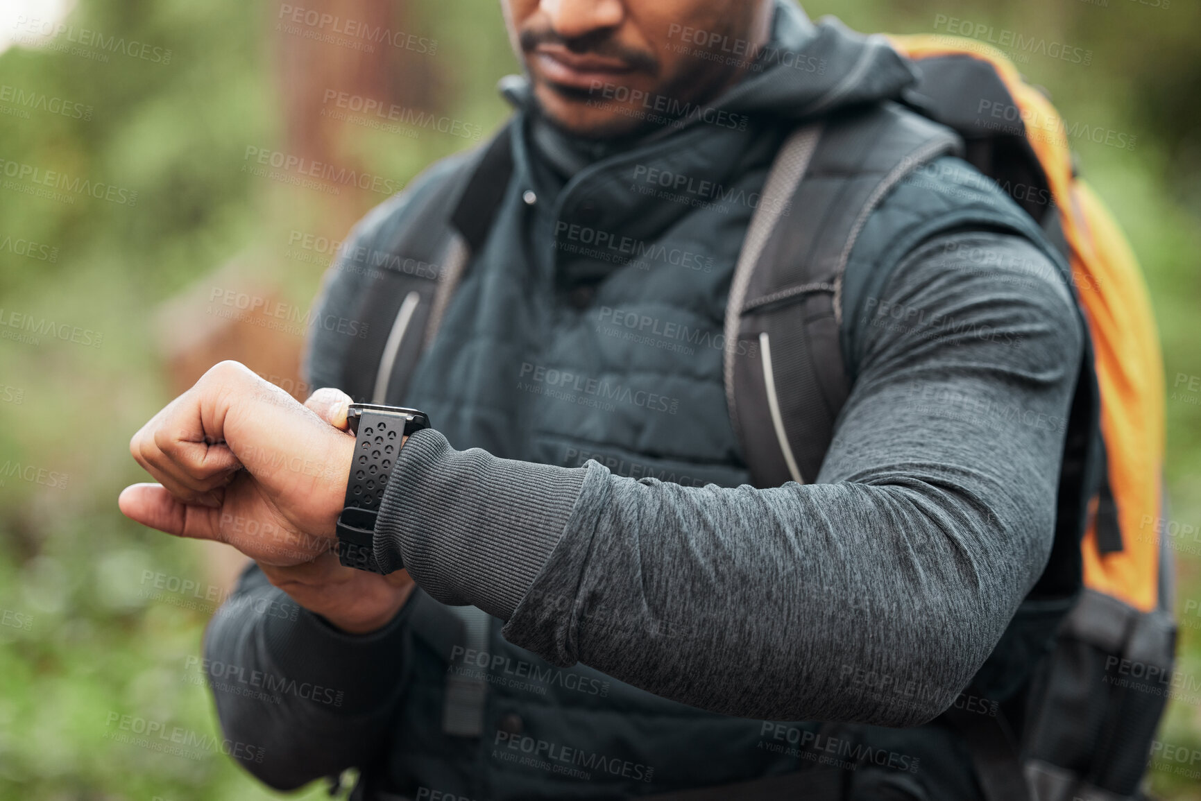 Buy stock photo Hand, watch and a man hiking in the forest closeup for freedom, travel or adventure outdoor in nature. Time, fitness and recreation with a hiker in the woods to discover or explore the wilderness