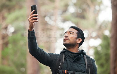 Buy stock photo Phone, connection and man in nature for hiking, trekking and exercise in woods. Fitness, travel and person on smartphone lost with no signal for GPS, online location and digital map on adventure