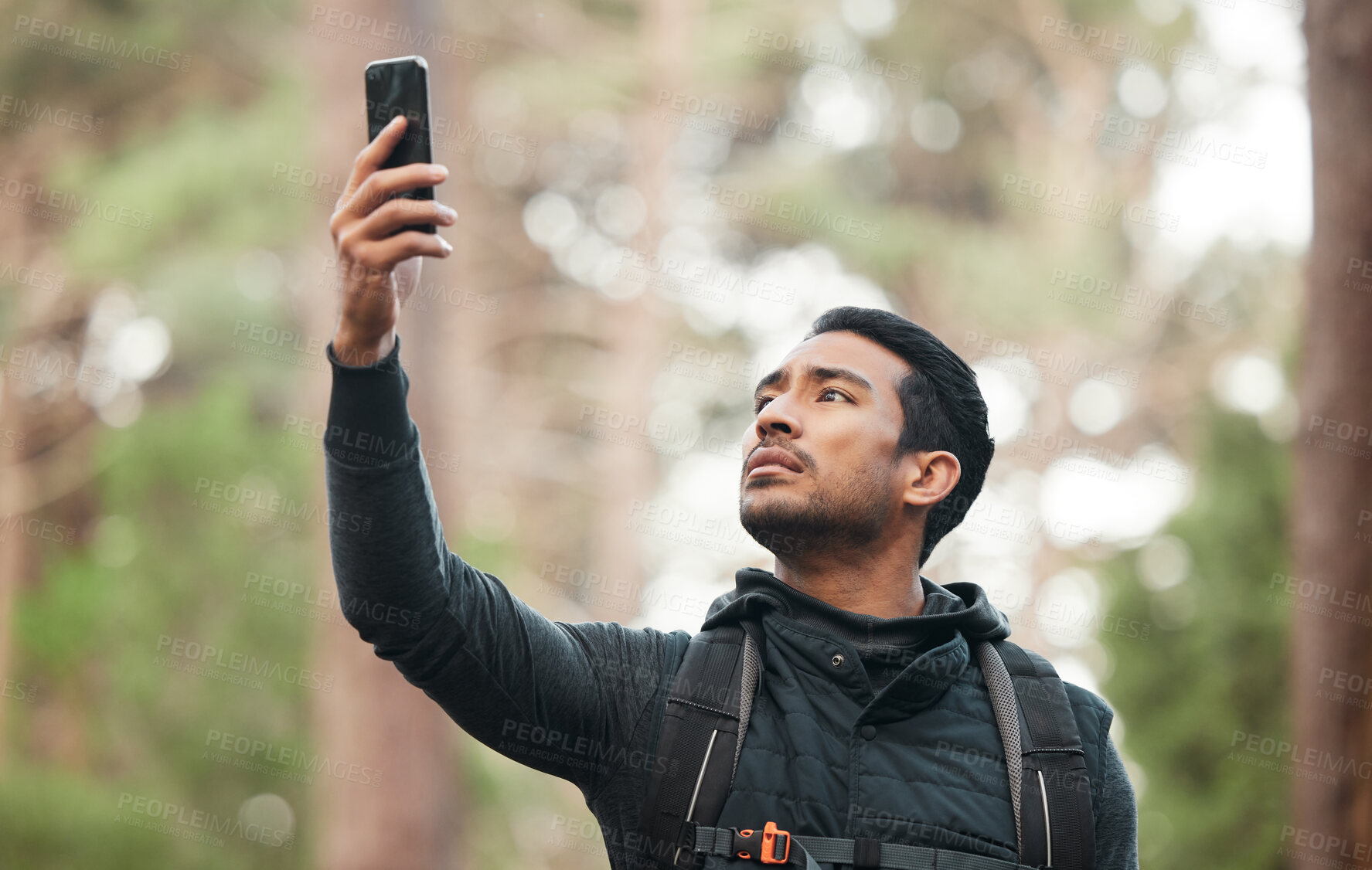 Buy stock photo Phone, connection and man in nature for hiking, trekking and exercise in woods. Fitness, travel and person on smartphone lost with no signal for GPS, online location and digital map on adventure