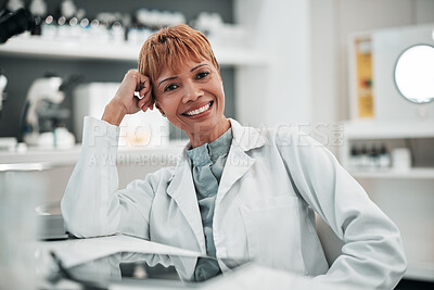 Buy stock photo Portrait, science and smile of woman doctor in the laboratory for research, innovation or breakthrough. Medical, study and a happy mature scientist working in a lab for pharmaceutical development