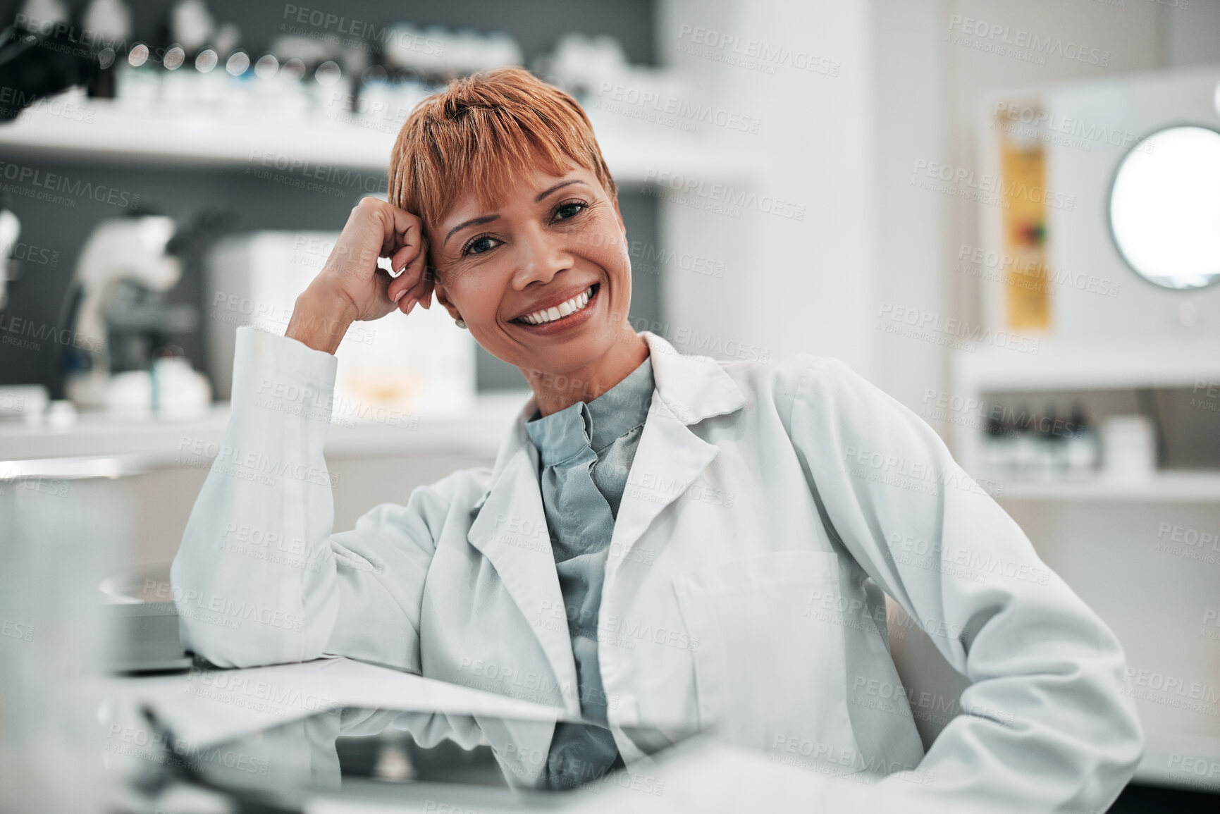 Buy stock photo Portrait, science and smile of woman doctor in the laboratory for research, innovation or breakthrough. Medical, study and a happy mature scientist working in a lab for pharmaceutical development