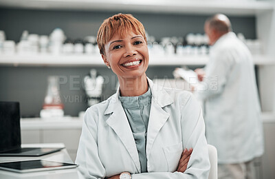 Buy stock photo Portrait, science and arms crossed with a woman doctor in the laboratory for research, innovation or breakthrough. Medical, study and smile with a mature scientist working in a pharmaceutical lab