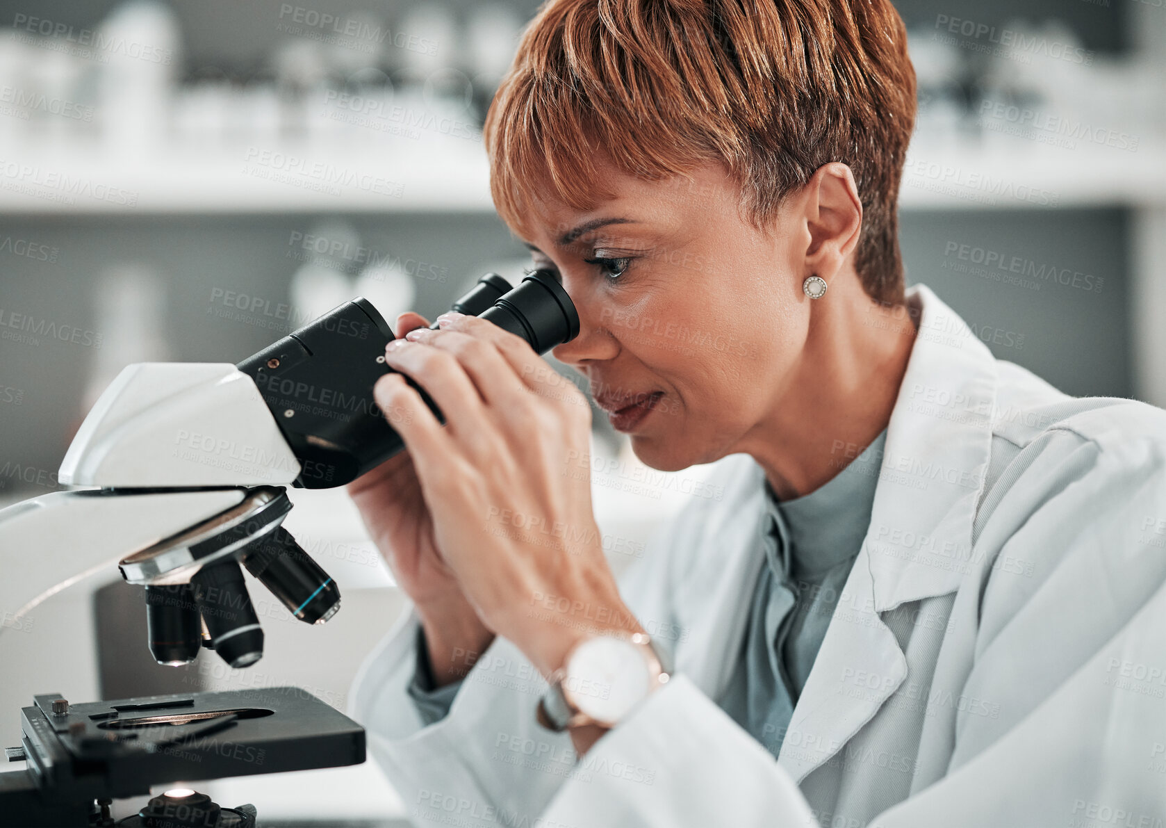 Buy stock photo Science, woman study and microscope for lab research and studying virus in a hospital or clinic. Scientist, medical and chemistry expert of a worker with professional project for healthcare 