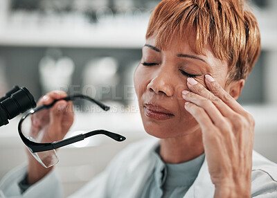 Buy stock photo Stress, headache and science woman in the laboratory closeup with burnout during research or innovation. Anxiety, mental health and fail with a mature doctor in a lab for experiment or investigation