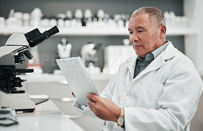 Buy stock photo Reading, research and scientist in lab with tablet, tech and planning for healthcare, medicine and pharmaceutical study. Online, search and man in science laboratory with analysis of results report