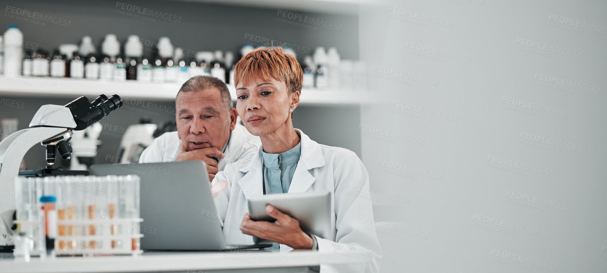 Buy stock photo Science, banner and team with technology in laboratory to research solution, investigation and review medical data with mockup space. Scientists planning digital information on tablet, laptop or test