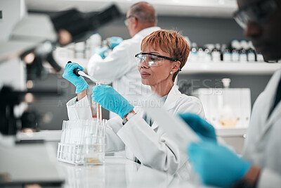 Buy stock photo Science, woman and research with medical, test and data analysis with vaccine development, review sample and dna. Person, scientist and employee with laboratory equipment, healthcare and chemistry