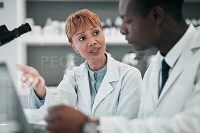 Buy stock photo Science, team and working on laptop in laboratory to research solution, problem solving investigation and medical data. Scientist, woman and discussion of review, test results or computer information