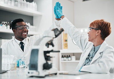 Buy stock photo Scientist man, woman and high five in lab, smile or partnership with goals, results or innovation in workplace. African science expert, teamwork and congratulations for success with medical research