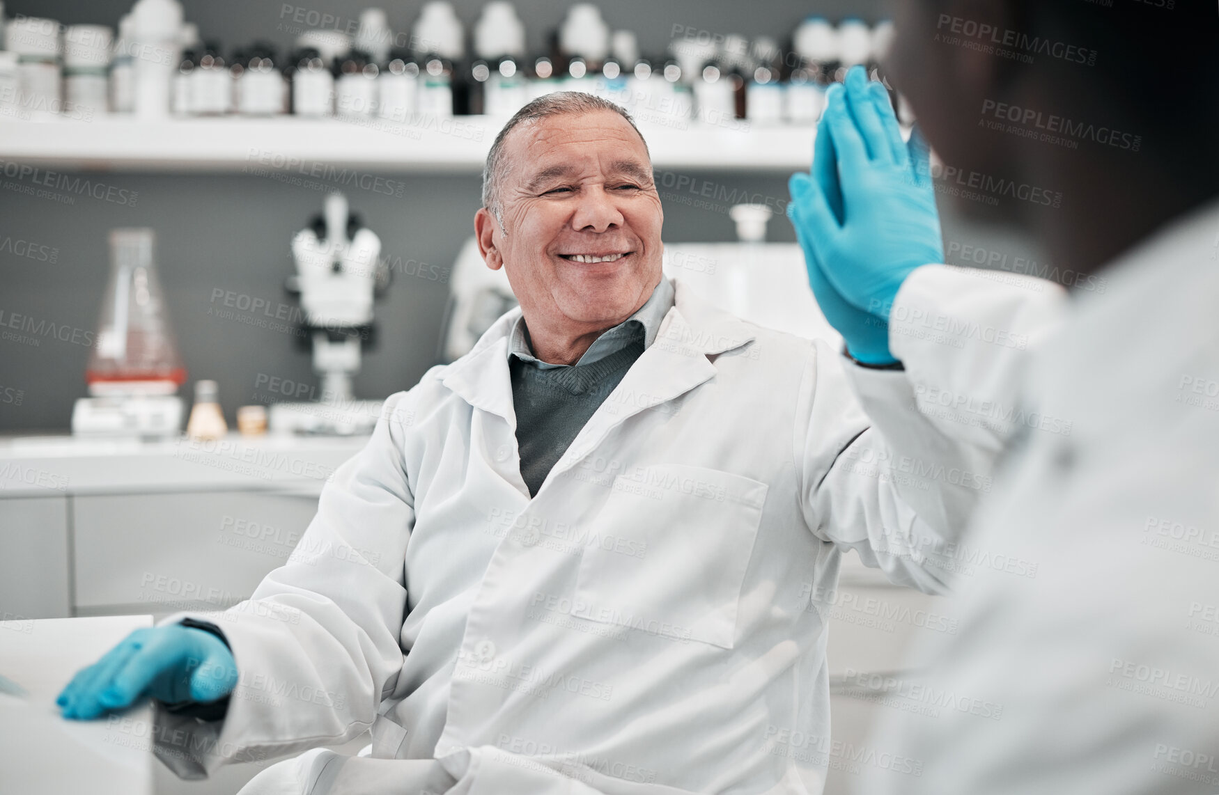 Buy stock photo Scientist men, high five and together in lab, smile or partnership with goals, results or innovation in workplace. Senior science expert, teamwork or congratulations for success with medical research