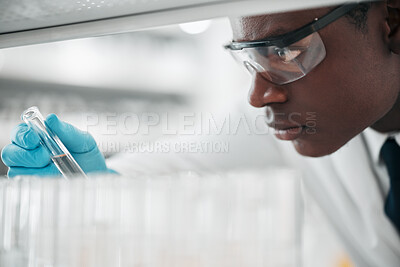 Buy stock photo Science, medical or black man with research, test tube or sample with experiment, vaccine development or result. African person, scientist or employee with cure, data analysis or laboratory equipment