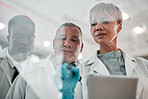 Tablet, doctor and a woman writing and planning ideas on glass board in hospital with collaboration. Medical staff, people or team with tech for healthcare strategy, brainstorming or science meeting