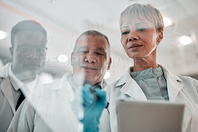 Buy stock photo Tablet, doctor and a woman writing and planning ideas on glass board in hospital with collaboration. Medical staff, people or team with tech for healthcare strategy, brainstorming or science meeting