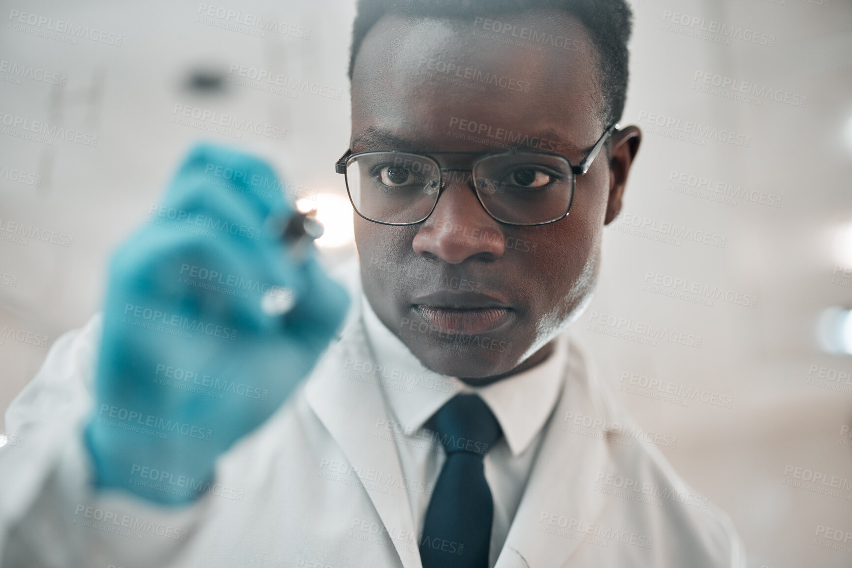 Buy stock photo Scientist, writing and planning on glass in laboratory research, problem solving or solution of medical health. African man for science formula or brainstorming math, data or ideas on window or board