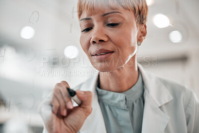 Buy stock photo Science, board and a woman writing for research, planning healthcare or schedule for a lab. Physics, future and a female scientist brainstorming ideas, strategy or studying formula goals