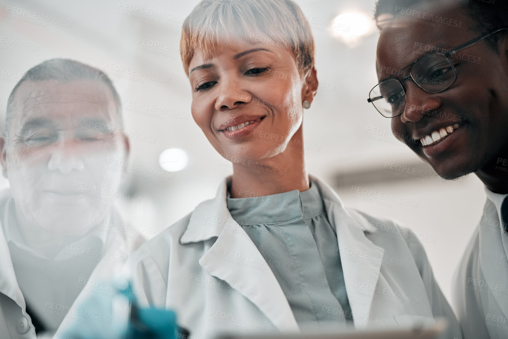 Buy stock photo Doctors, woman and a team writing and planning ideas on glass board in hospital for collaboration. Medical staff, diversity or leader with healthcare strategy, schedule or solution in science meeting