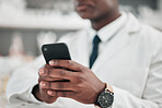 Hands, doctor and healthcare person with a phone for online communication, email or website. Closeup of medical worker with smartphone typing a message for telehealth, social media search or network