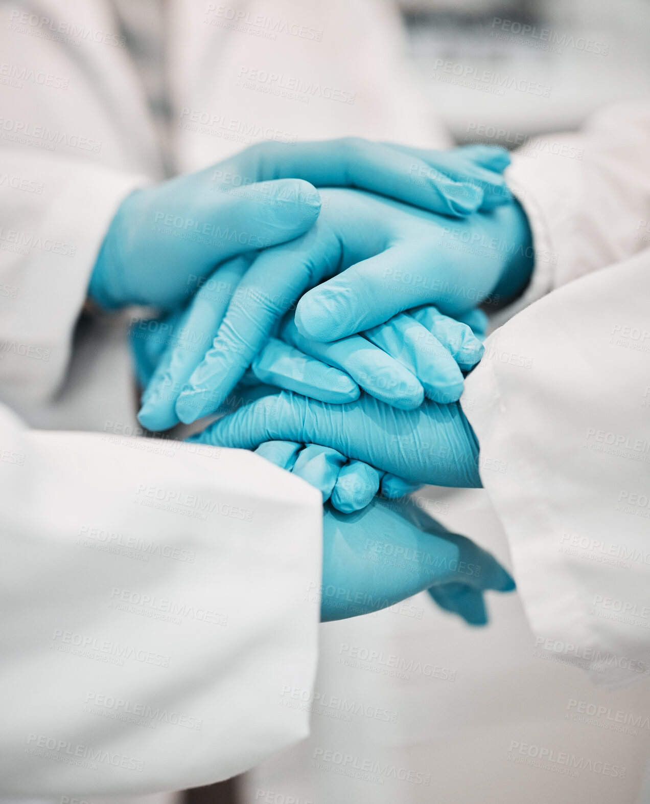 Buy stock photo Ppe, Nurses and hands together for support, teamwork and solidarity in hospital with gloves. Doctors, working people and professional in collaboration for healthcare, motivation and community