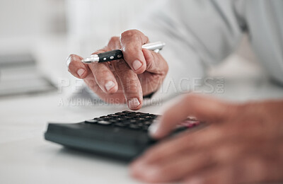 Buy stock photo Businessman, typing and hands with a calculator and pen for profit, numbers or working on tax, income or finance report. Accounting, calculations or person with financial budget, planning or saving