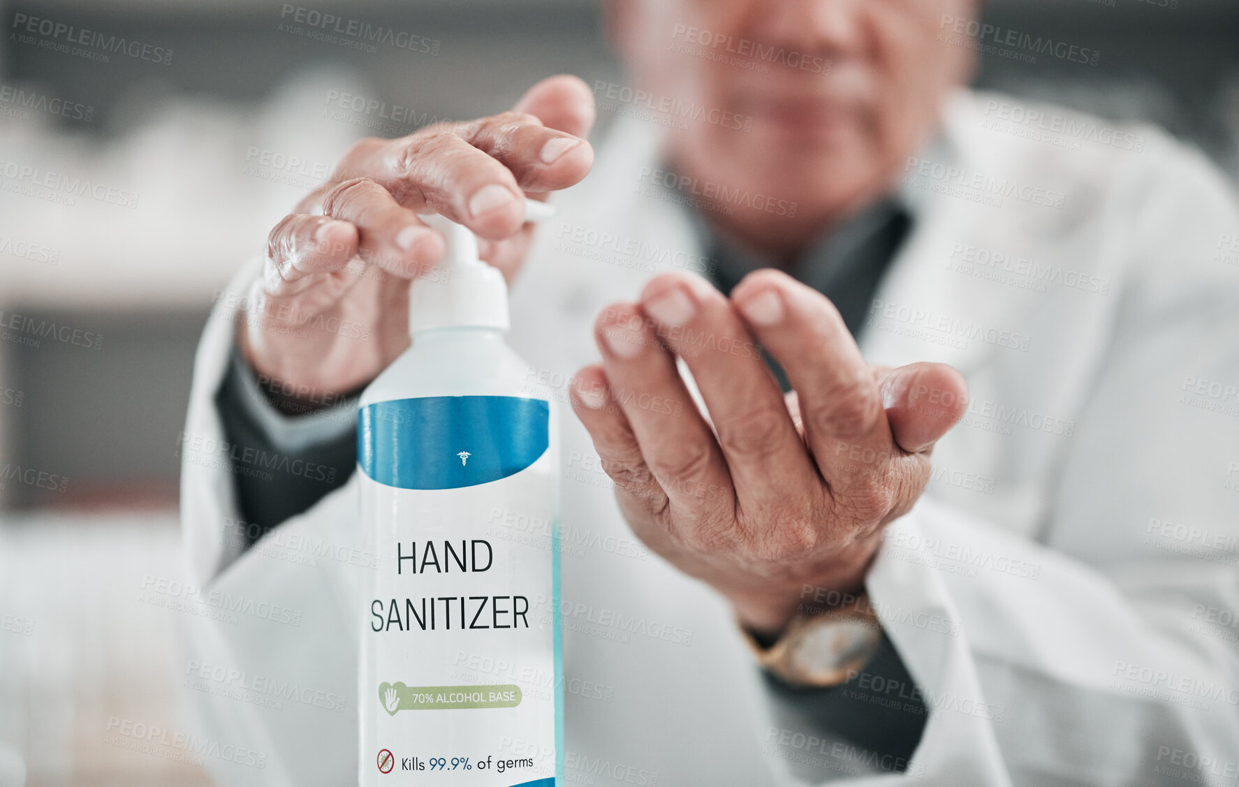 Buy stock photo Doctor, sanitizer bottle and cleaning hands for risk, hygiene and protocol in hospital, clinic and surgery. Closeup, healthcare worker and disinfection liquid for safety, flu germs and virus bacteria