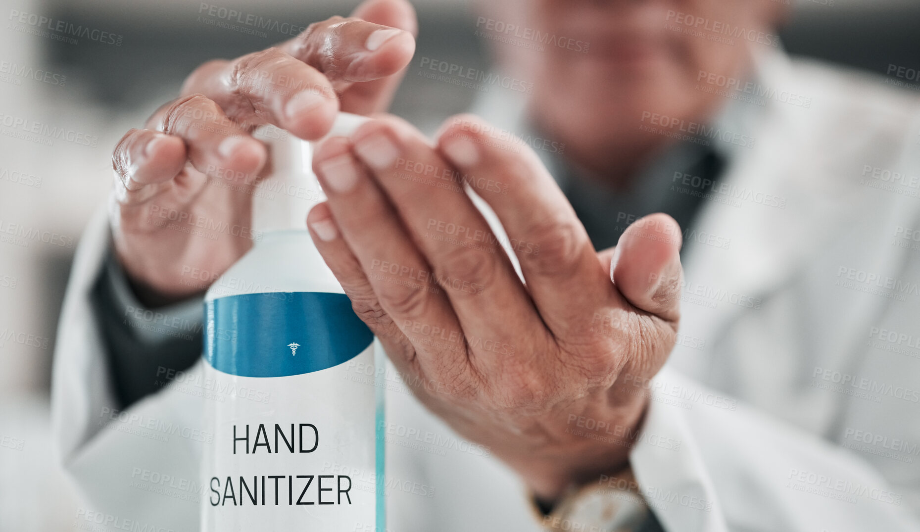 Buy stock photo Doctor, hands and press sanitizer bottle for cleaning, risk or protocol of hygiene in hospital, clinic and surgery. Closeup, healthcare and disinfection liquid for safety, flu germs or virus bacteria