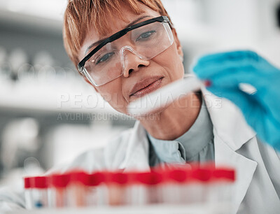 Buy stock photo Science, medical and woman with research, test tube and glasses with vaccine development, sample and healthcare. Worker, scientist or person with analysis, experiment and cure with results or eyewear