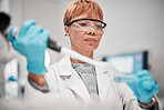 Scientist, black woman and pipette for medical science research, medicine pharmacy or dna blood engineering. Study, dropper or equipment in healthcare analytics test or future vaccine innovation 