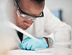 Scientist, black man and pipette for medical science research, medicine pharmacy or dna blood engineering. Study, dropper or equipment in healthcare analytics test or future vaccine innovation 