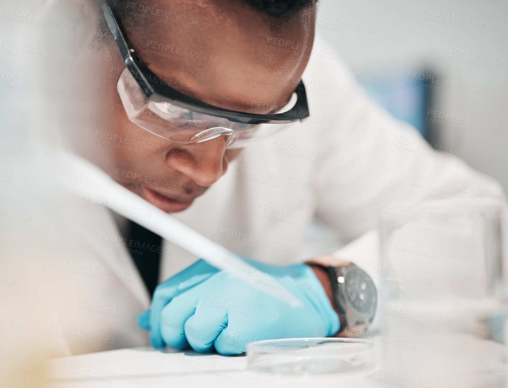 Buy stock photo Scientist, black man and pipette for medical science research, medicine pharmacy or dna blood engineering. Study, dropper or equipment in healthcare analytics test or future vaccine innovation 