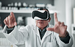 Virtual reality glasses, man and medical with research, futuristic and scientist with digital experience. Person, researcher and doctor with VR eyewear, healthcare metaverse and 3d software in a lab