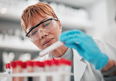 Buy stock photo Woman, science and blood sample in laboratory, ideas and analysis with ppe glasses, safety and test. Scientist, pathology and expert with thinking, check and dna data with medical research in lab