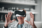 Virtual reality glasses, woman or medical with research, chemistry or software with digital experience. Person, researcher or scientist with VR eyewear, healthcare metaverse or data analysis in a lab