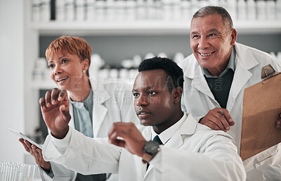 Buy stock photo Research, teamwork and people in science for a collaboration, medical inspection or education. Healthcare, medicine and doctors or a group in a lab for innovation, biotechnology or a check together