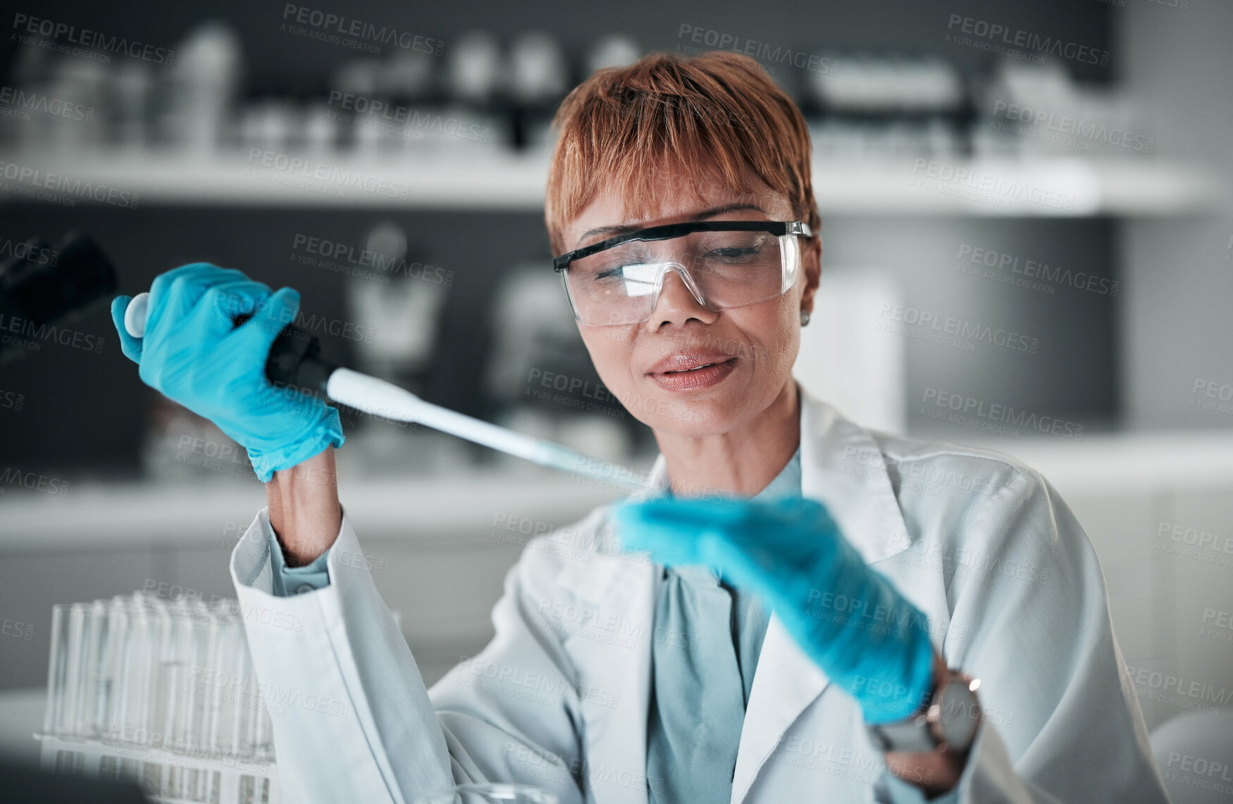 Buy stock photo Scientist, black woman and pipette for dna blood engineering, medicine pharmacy or medical science research. Study, dropper or equipment in healthcare analytics test or future vaccine innovation 