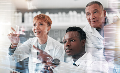 Buy stock photo Scientist, team and digital overlay for laboratory research, data analytics or healthcare information in futuristic technology. Medical people in science, expert analysis and touch screen on software