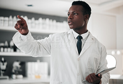 Buy stock photo Tablet, future and a science black man using a dashboard in a laboratory for research or innovation. Metaverse. technology and healthcare with a medicine professional working in a hospital lab