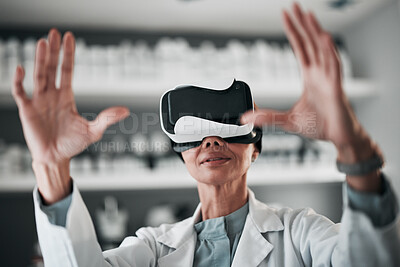 Buy stock photo Virtual reality glasses, woman and medical with research,  data and scientist with augmented reality. Person, researcher and doctor with VR eyewear, futuristic or healthcare metaverse in a laboratory