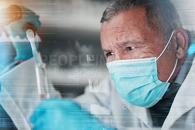 Buy stock photo Medical, research or man with test tube, hologram or mask with vaccine, chemistry and futuristic. Senior person, researcher or expert with gloves, future and holographic with biotechnology or science