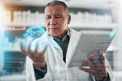 Buy stock photo Tablet, science and earth hologram with a man in the laboratory for research or innovation on double exposure. Medical, future and global dashboard with a scientist using ai or 3d technology in a lab