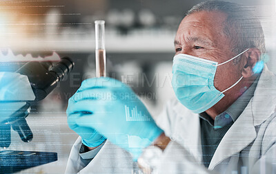 Buy stock photo Medical, research and man with hologram, vial and science with mask, biotech and healthcare. Senior person, researcher and scientist with gloves, holographic and test tube with microscope and results