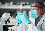 Research, senior scientist in lab with test tube and microscope for covid drug or pharmaceutical study. Science, laboratory and mature man with mask, vaccine in glass and medical analysis development