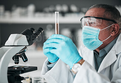 Buy stock photo Research, senior scientist in lab with test tube and microscope for covid drug or pharmaceutical study. Science, laboratory and mature man with mask, vaccine in glass and medical analysis development