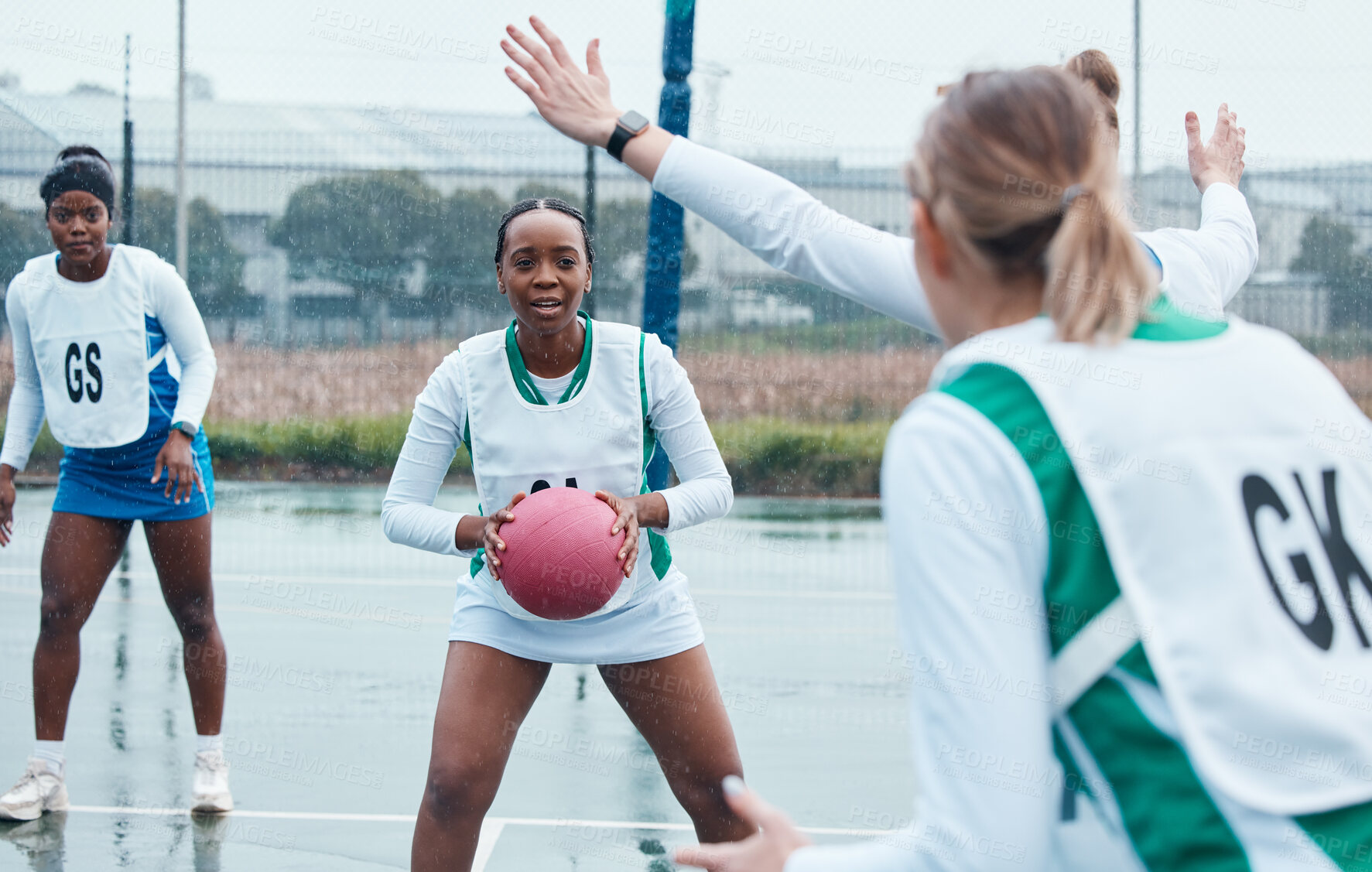 Buy stock photo Netball,  sports and team with ball and women in community competition, practice and play outdoor game. Fitness, collaboration or group workout, player tournament or athlete training on court