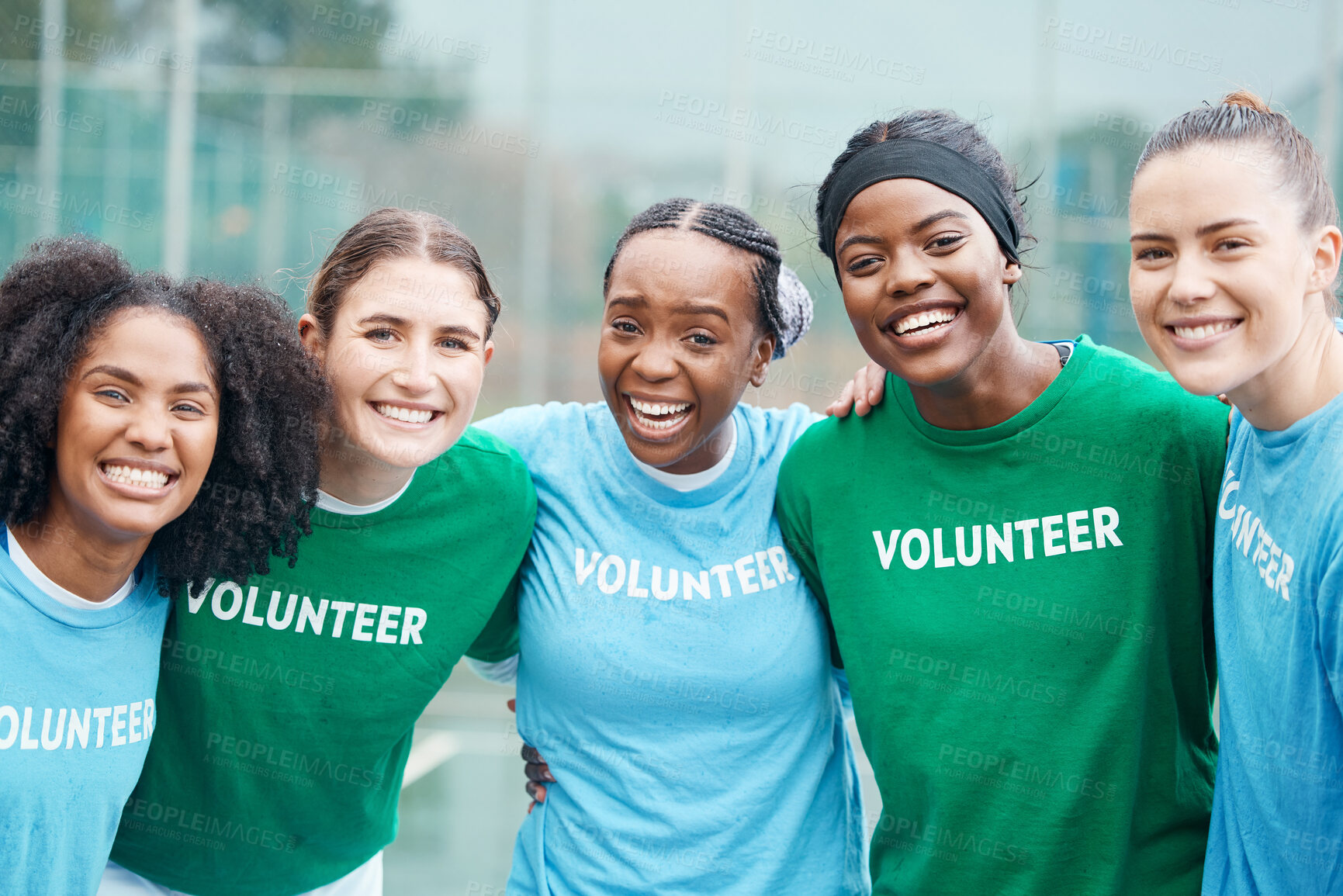 Buy stock photo Happy women, portrait and volunteers in sports fitness, netball or outdoor exercise together for community. Group of athletic players smile and hug in team sport, motivation or volunteering on court